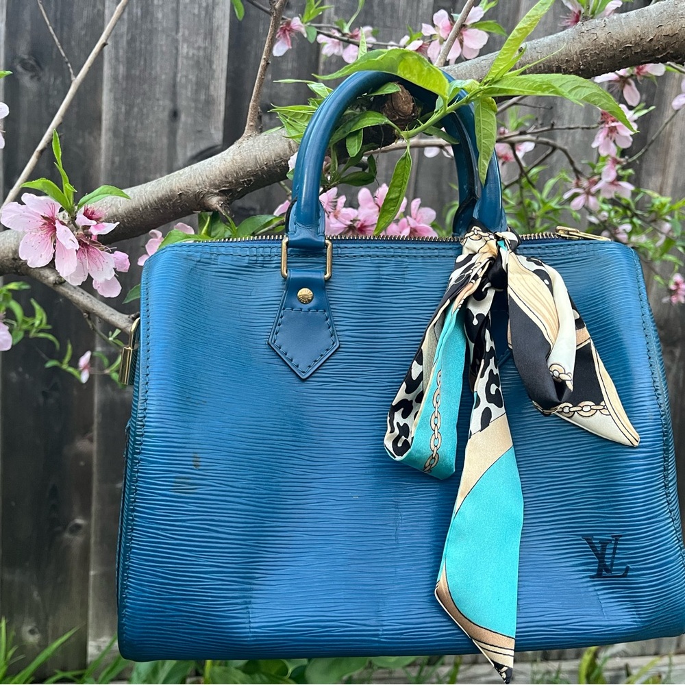 Blue Structured Top-Handle Women's Bag with Scarf Accent